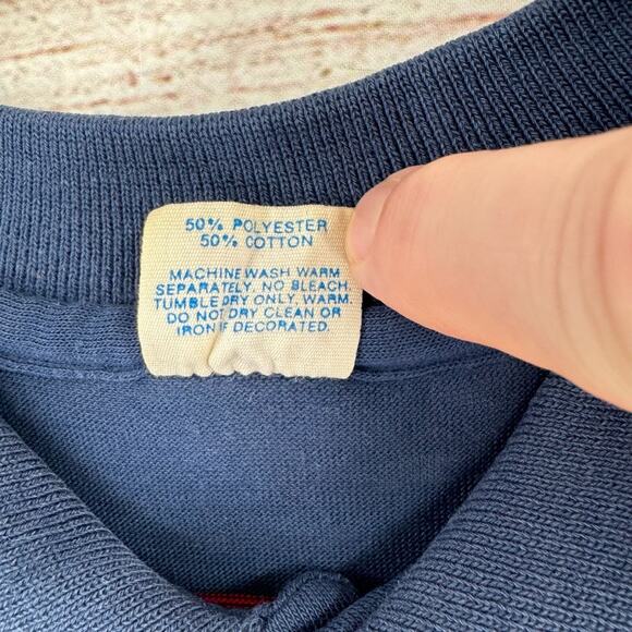 Vintage 80's Disney Mickey Mouse Striped Polo Shirt Men's Large Navy Blue/Red - Picture 8 of 11